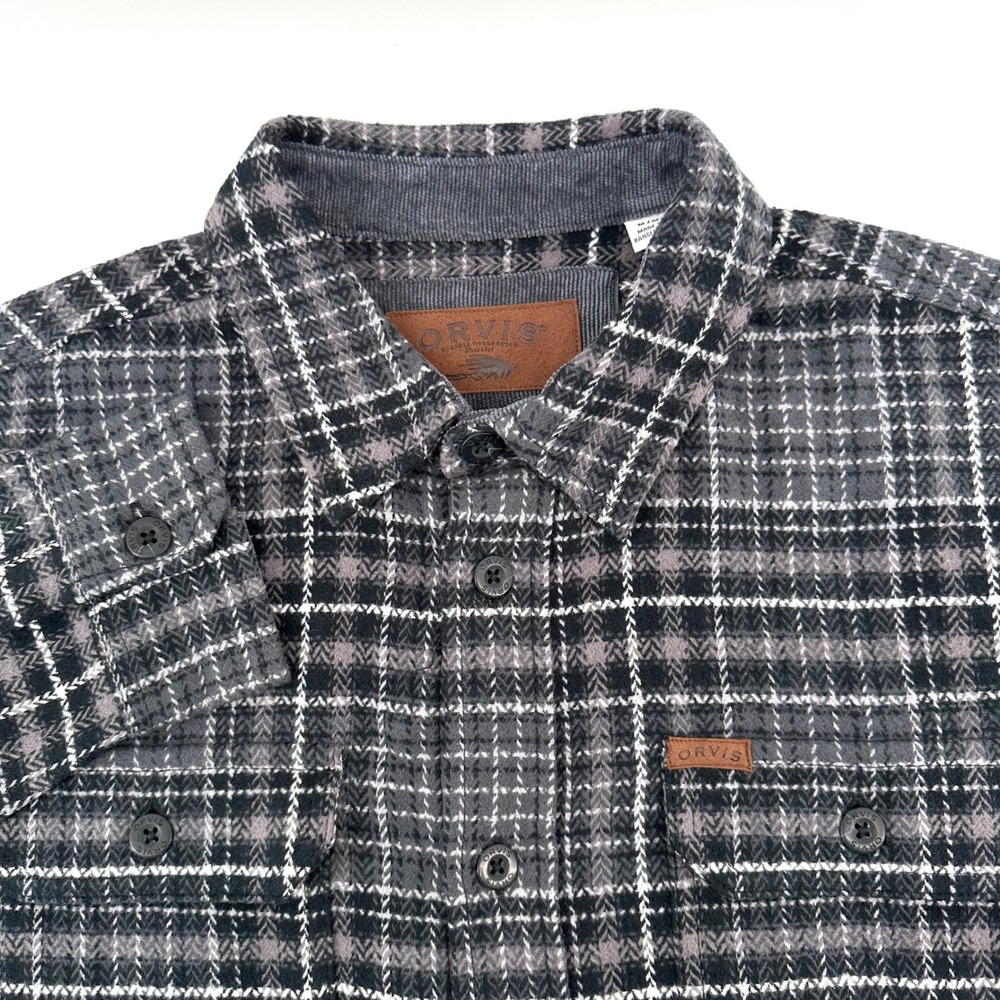 Orvis Mens Black Plaid Fleece Shirt Jacket Shacket Corduroy Trim Size Medium